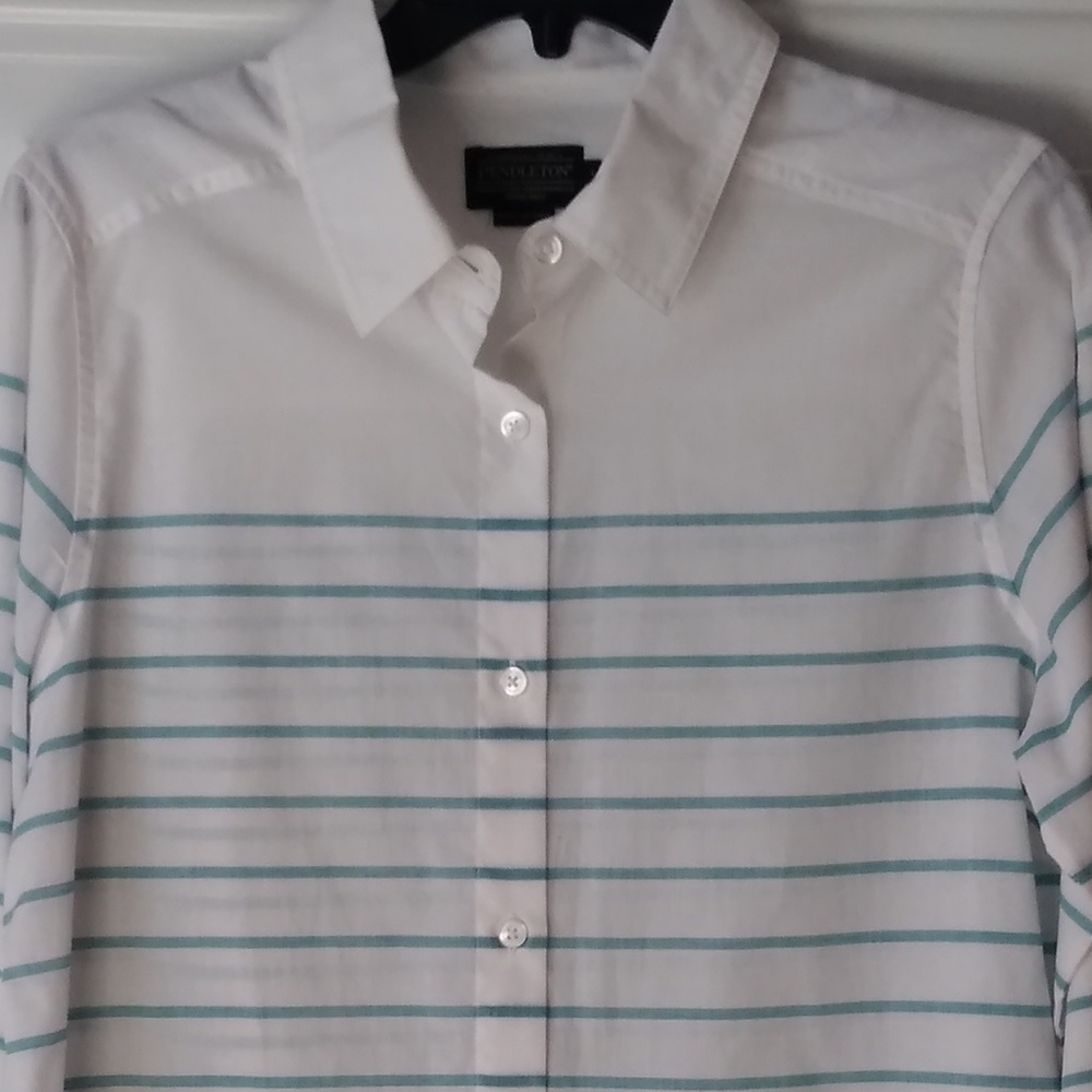 Pendleton Button Down Shirt Aqua Blue Stripe Euc - image 7